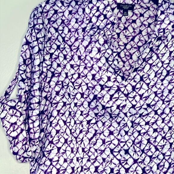 Talbots Blouse Women’s Petites Size 12P Purple White Silk Blend Top Roll tab - Picture 3 of 8